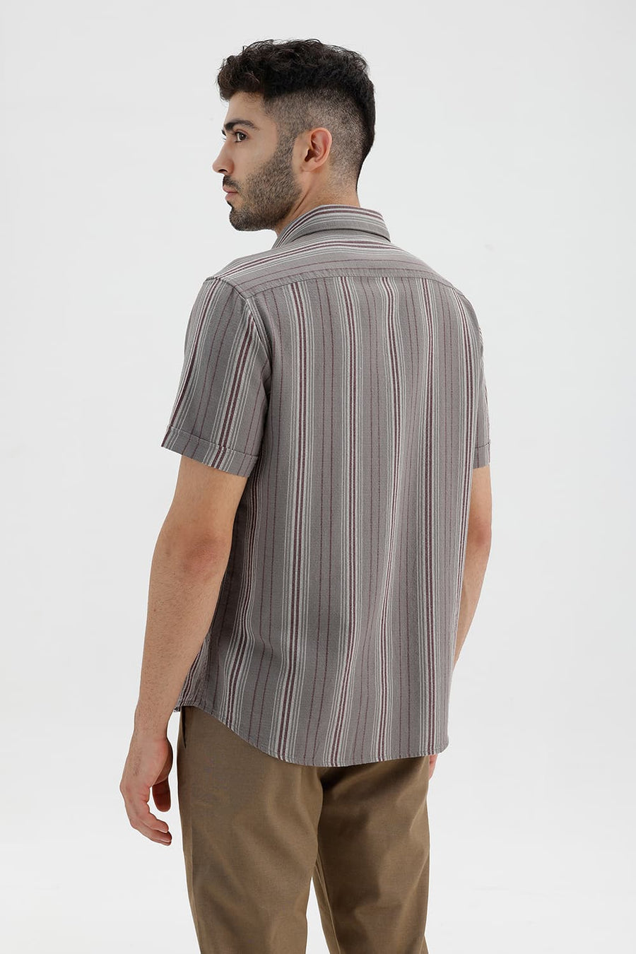 BASICS SLIM FIT STORM GREY COTTON HOPSACK STRIPE HALFSLEEVES SHIRT