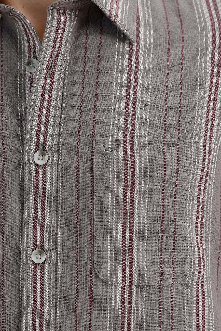 BASICS SLIM FIT STORM GREY COTTON HOPSACK STRIPE HALFSLEEVES SHIRT