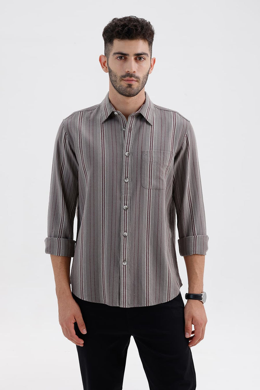 BASICS SLIM FIT STORM GREY COTTON HOPSACK STRIPE SHIRT