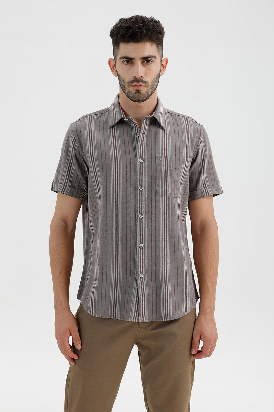 BASICS SLIM FIT STORM GREY COTTON HOPSACK STRIPE HALFSLEEVES SHIRT