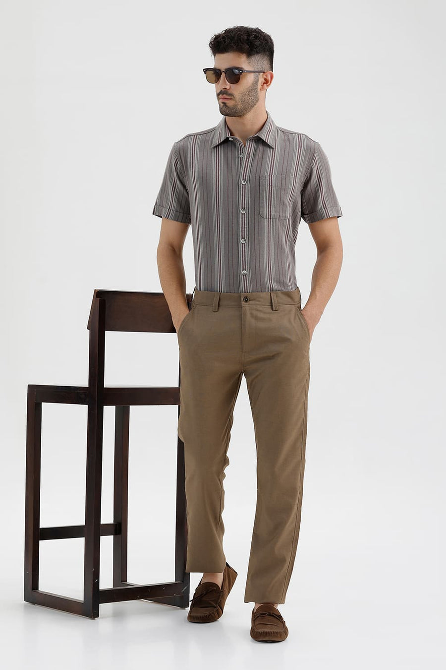 BASICS SLIM FIT STORM GREY COTTON HOPSACK STRIPE HALFSLEEVES SHIRT