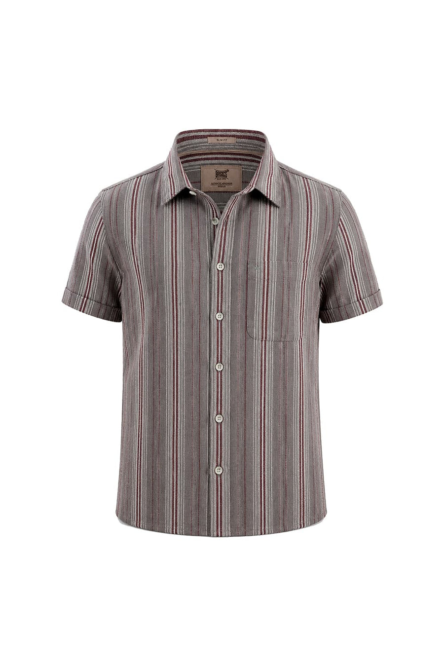 BASICS SLIM FIT STORM GREY COTTON HOPSACK STRIPE HALFSLEEVES SHIRT