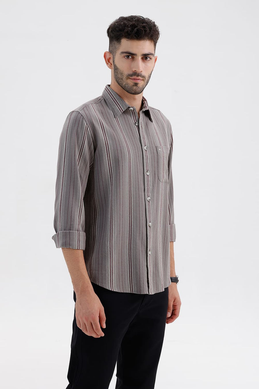 BASICS SLIM FIT STORM GREY COTTON HOPSACK STRIPE SHIRT