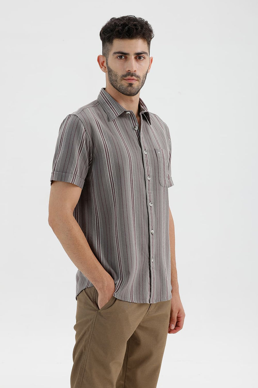 BASICS SLIM FIT STORM GREY COTTON HOPSACK STRIPE HALFSLEEVES SHIRT