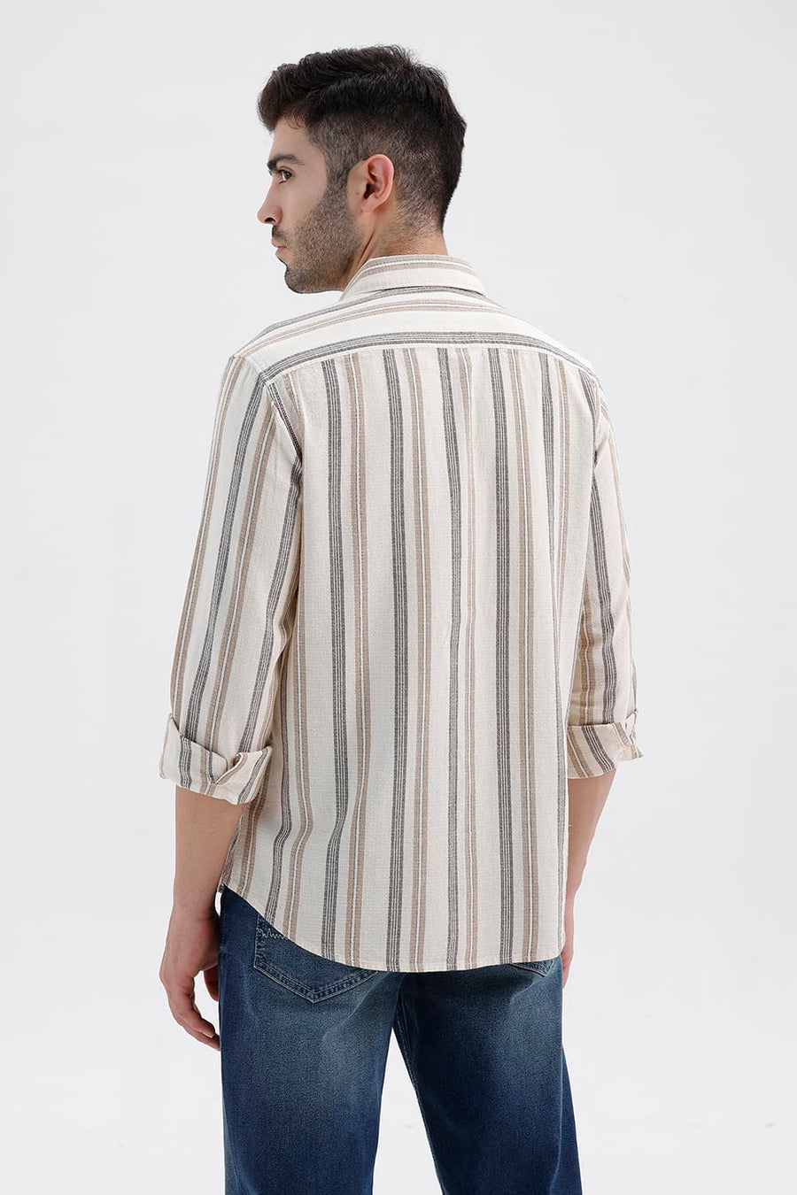 BASICS SLIM FIT BUTTERCREAM BEIGE COTTON HOPSACK STRIPE SHIRT