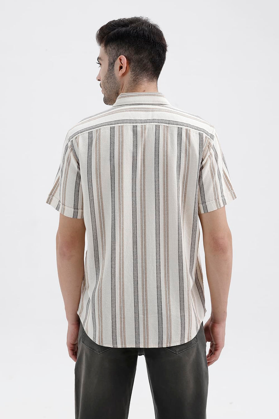 BASICS SLIM FIT BUTTERCREAM BEIGE COTTON HOPSACK STRIPE HALFSLEEVES SHIRT