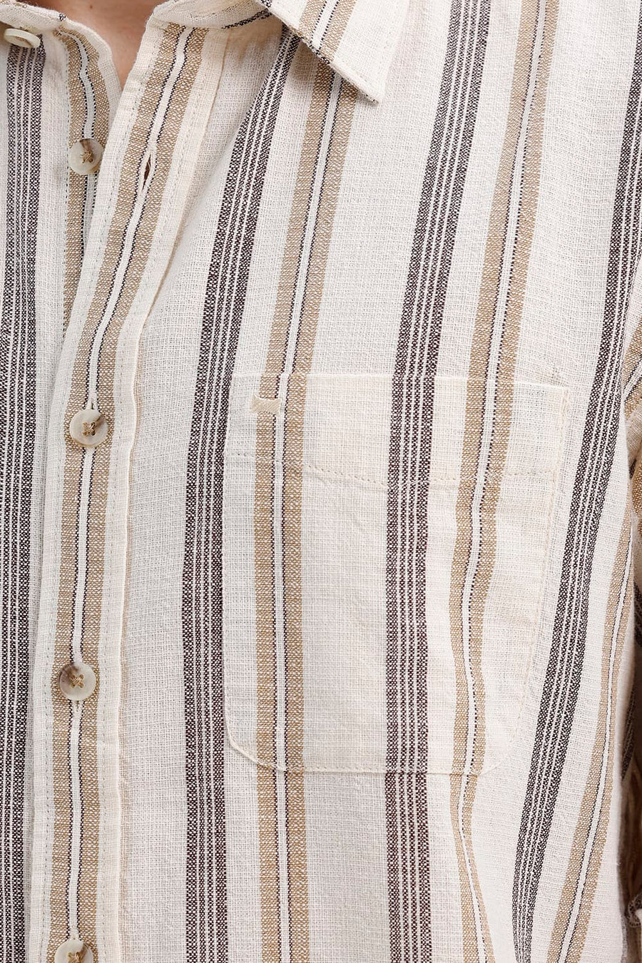 BASICS SLIM FIT BUTTERCREAM BEIGE COTTON HOPSACK STRIPE SHIRT
