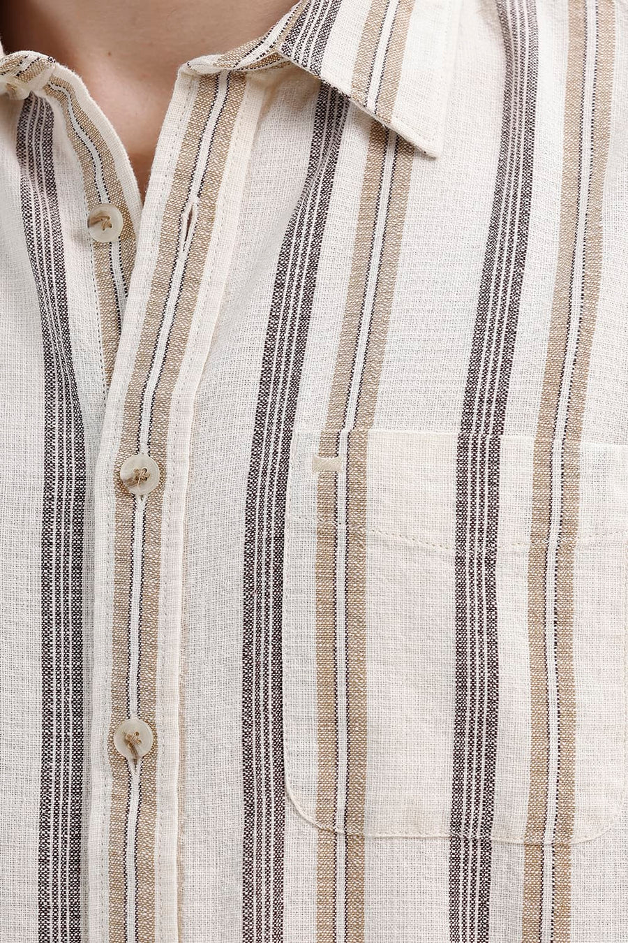 BASICS SLIM FIT BUTTERCREAM BEIGE COTTON HOPSACK STRIPE HALFSLEEVES SHIRT