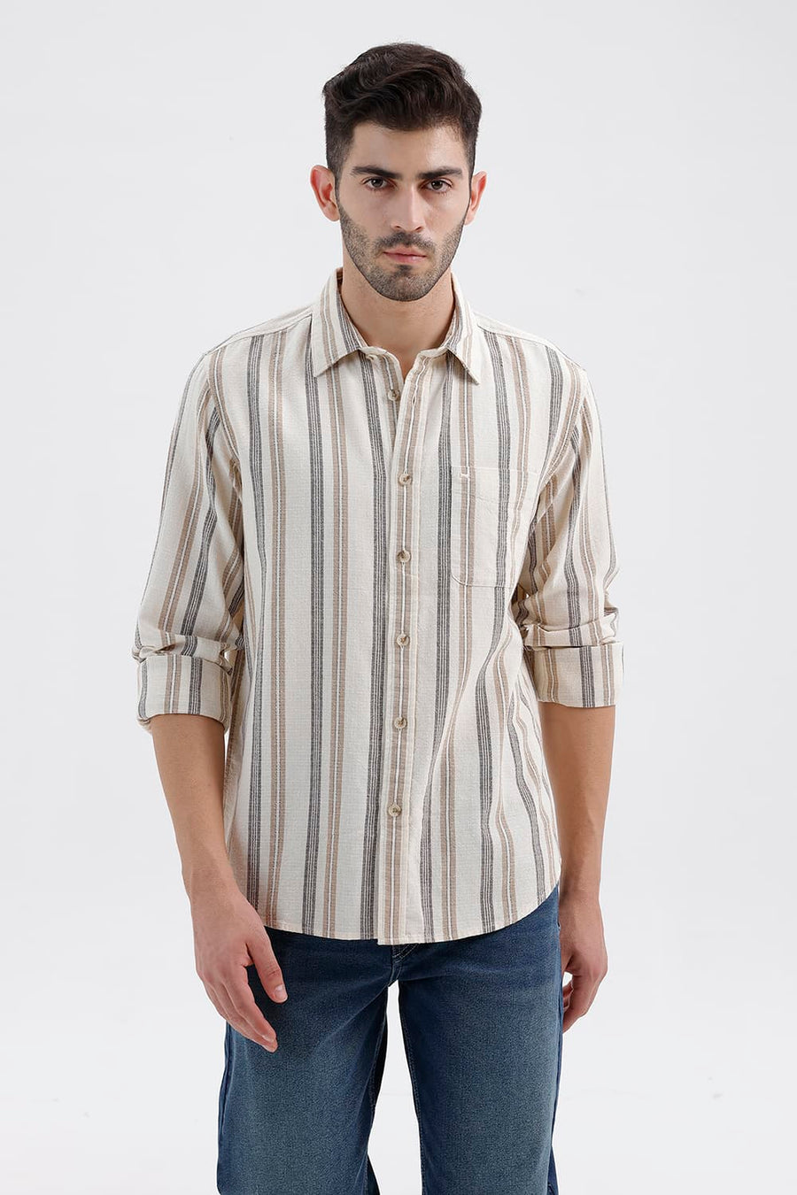 BASICS SLIM FIT BUTTERCREAM BEIGE COTTON HOPSACK STRIPE SHIRT