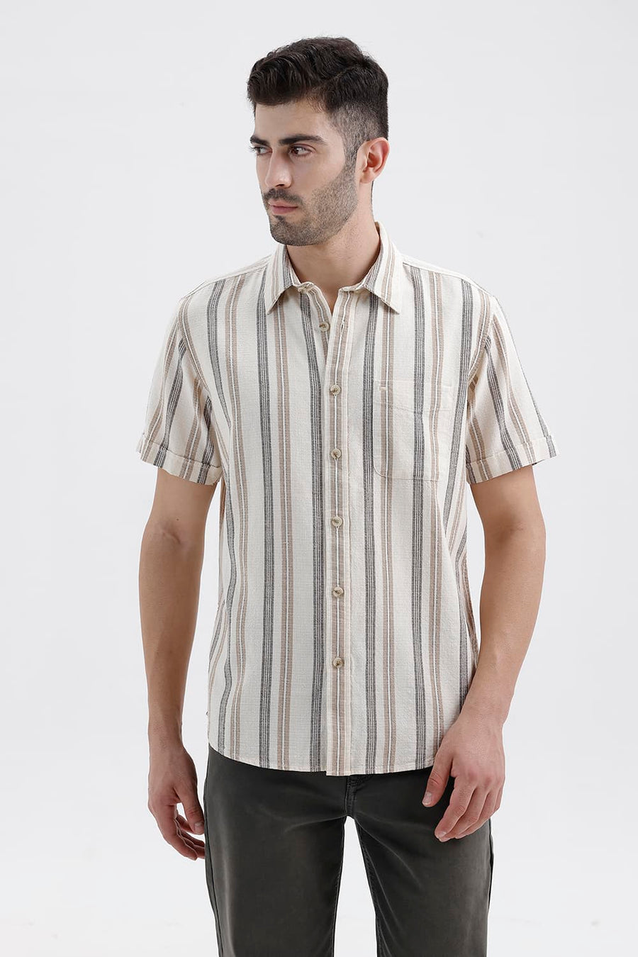 BASICS SLIM FIT BUTTERCREAM BEIGE COTTON HOPSACK STRIPE HALFSLEEVES SHIRT