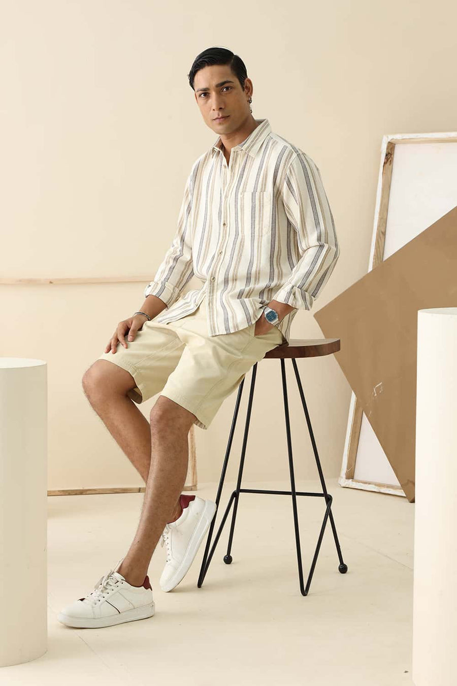 Basics Slim Fit Buttercream Beige Cotton Hopsack Stripe Shirt