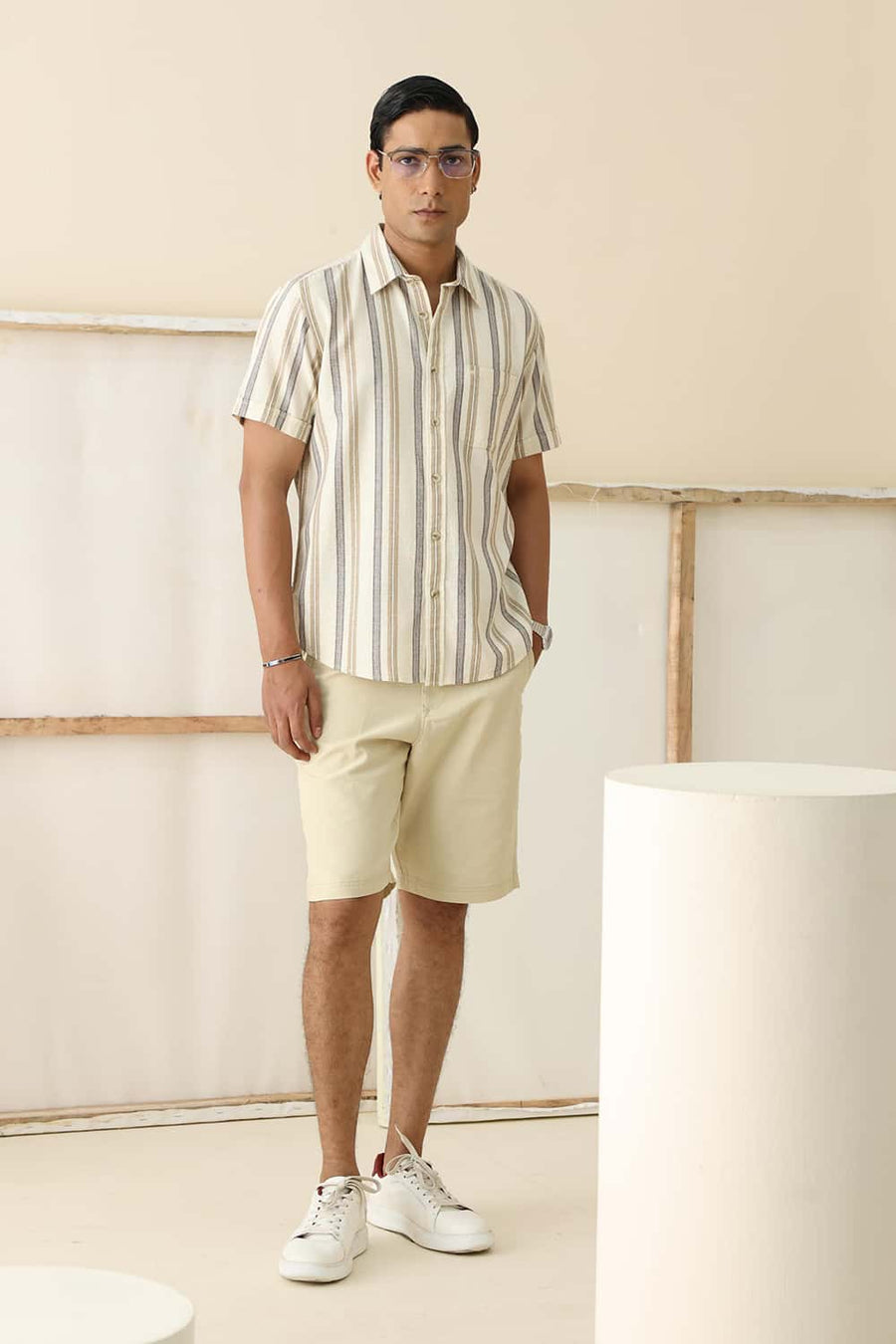 Basics Slim Fit Buttercream Beige Cotton Hopsack Stripe Halfsleeves Shirt