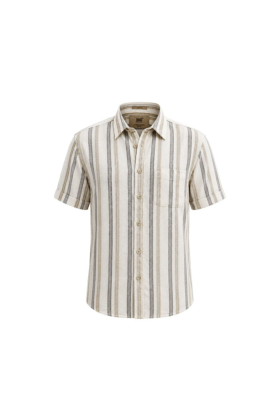 BASICS SLIM FIT BUTTERCREAM BEIGE COTTON HOPSACK STRIPE HALFSLEEVES SHIRT