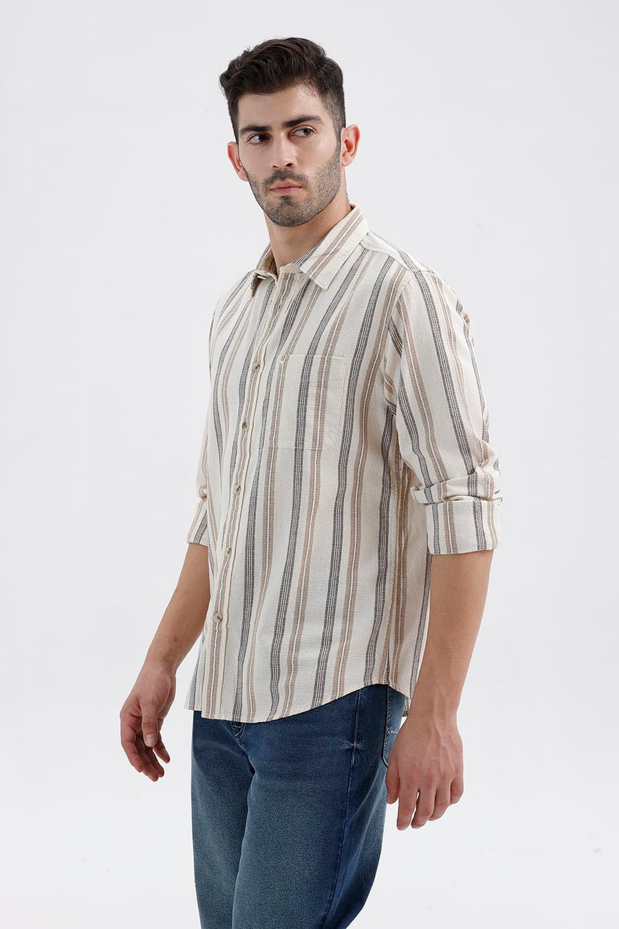 BASICS SLIM FIT BUTTERCREAM BEIGE COTTON HOPSACK STRIPE SHIRT