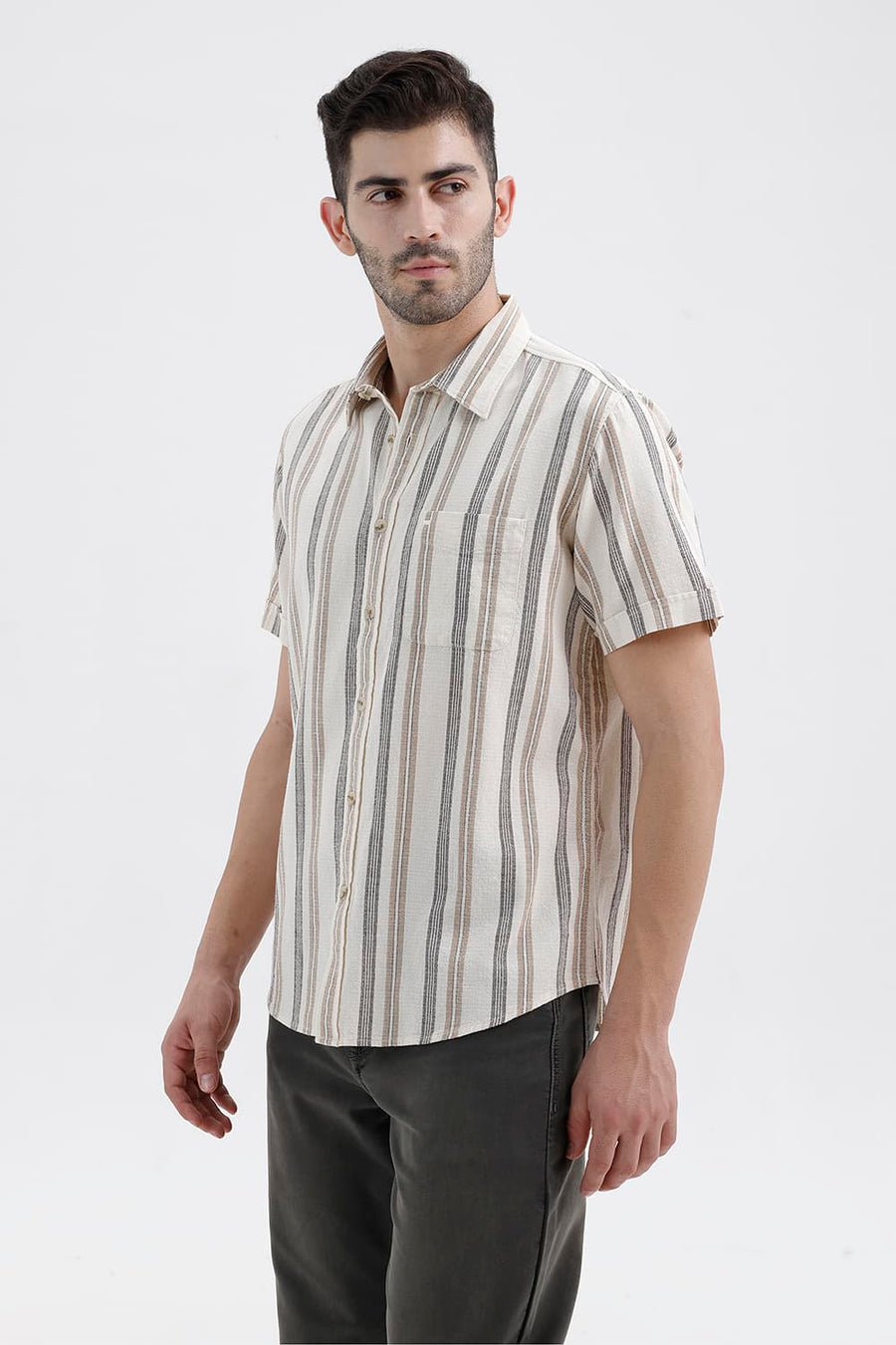 BASICS SLIM FIT BUTTERCREAM BEIGE COTTON HOPSACK STRIPE HALFSLEEVES SHIRT