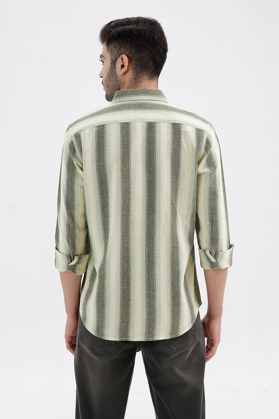 BASICS SLIM FIT ANISE ECRU COTTON HOPSACK STRIPE SHIRT