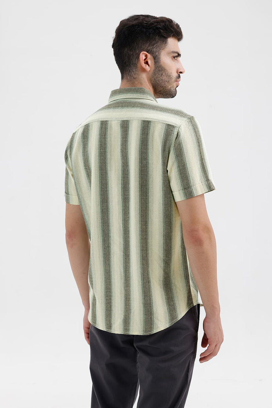 BASICS SLIM FIT ANISE ECRU COTTON HOPSACK STRIPE HALFSLEEVES SHIRT