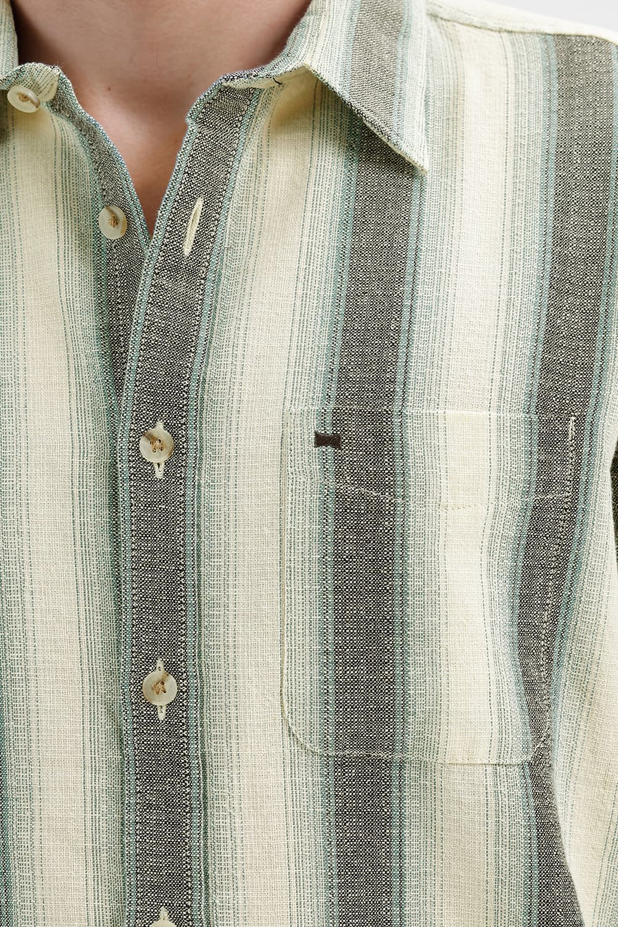 BASICS SLIM FIT ANISE ECRU COTTON HOPSACK STRIPE SHIRT