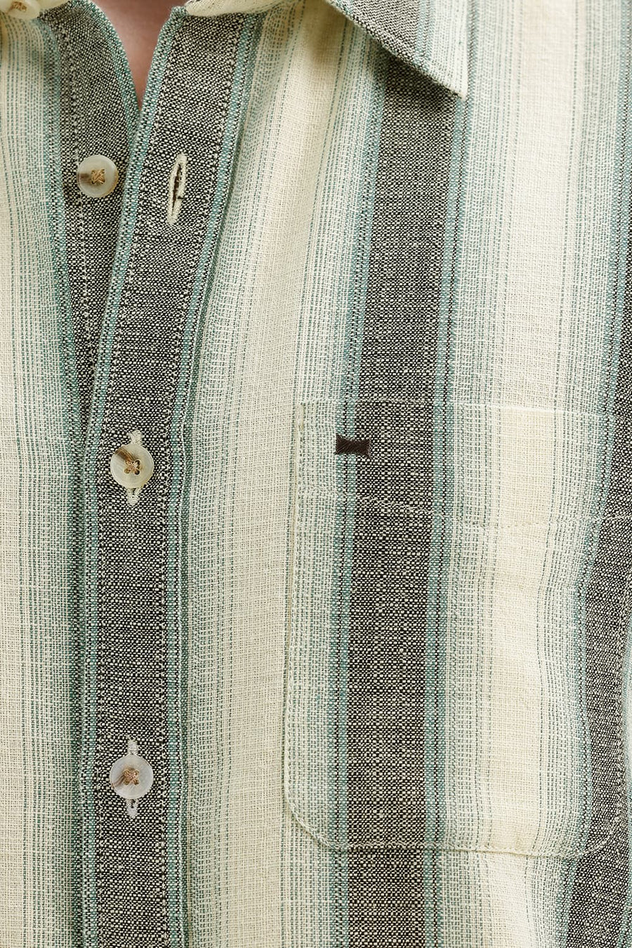 BASICS SLIM FIT ANISE ECRU COTTON HOPSACK STRIPE HALFSLEEVES SHIRT