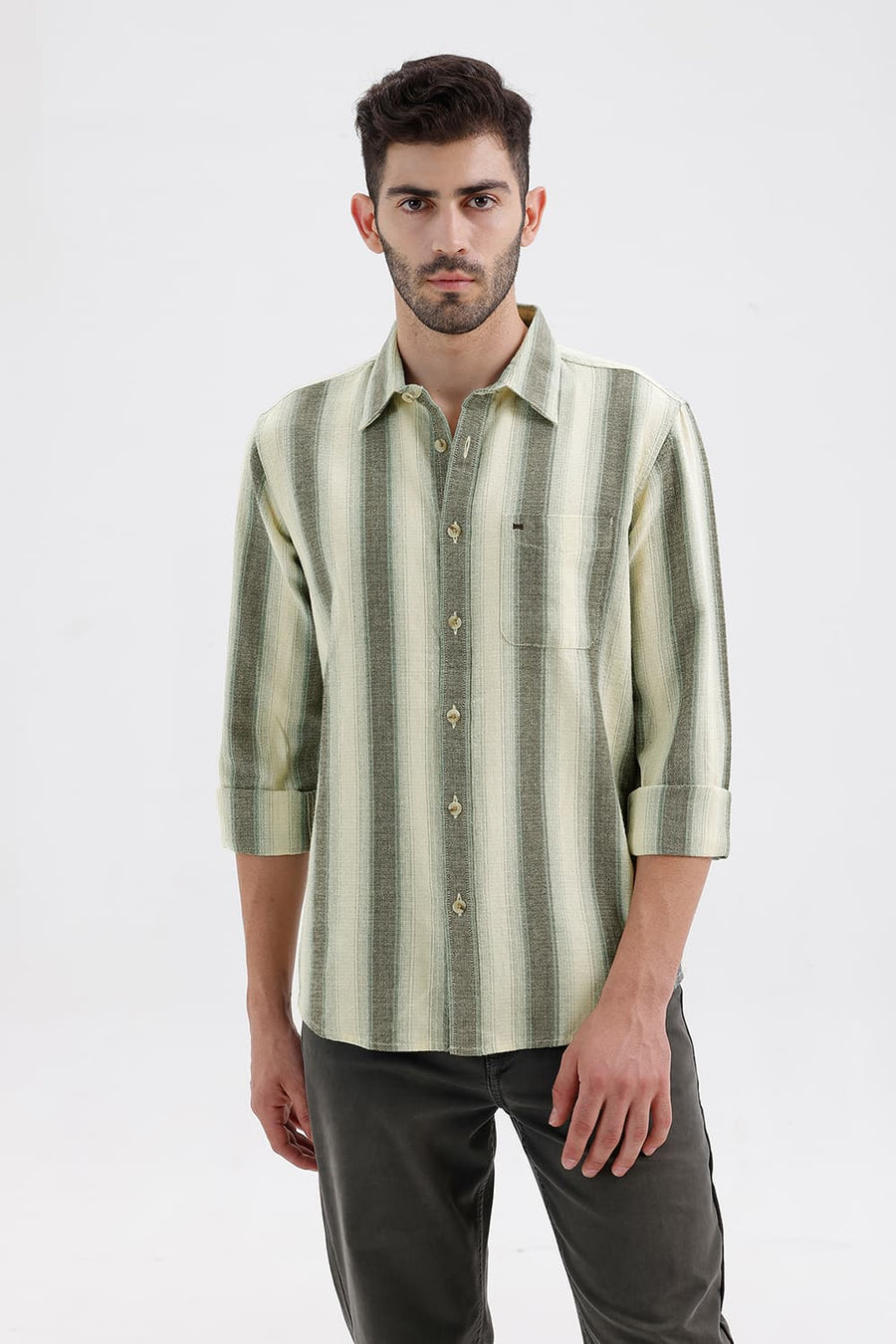 BASICS SLIM FIT ANISE ECRU COTTON HOPSACK STRIPE SHIRT