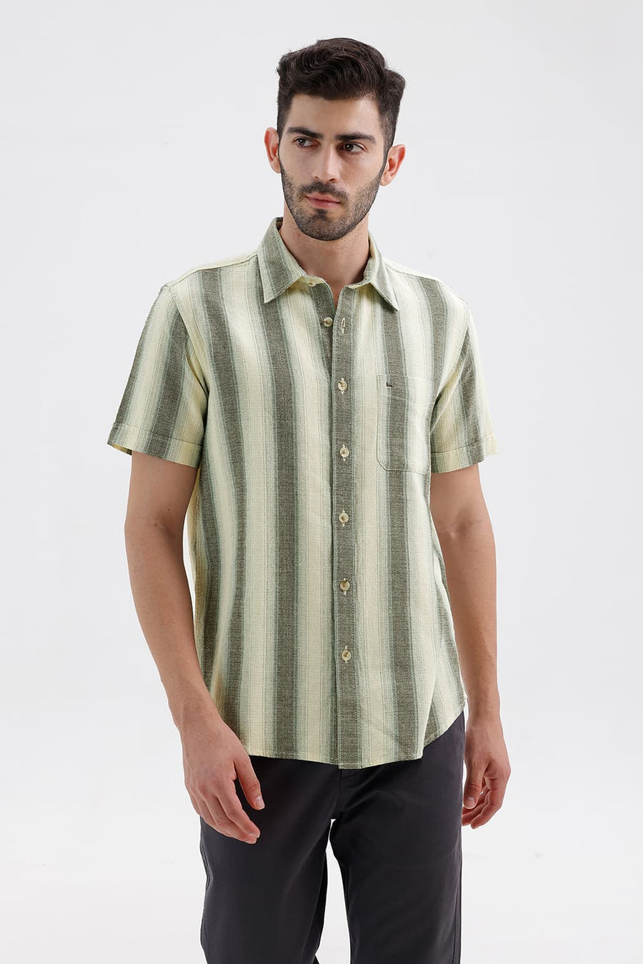 BASICS SLIM FIT ANISE ECRU COTTON HOPSACK STRIPE HALFSLEEVES SHIRT