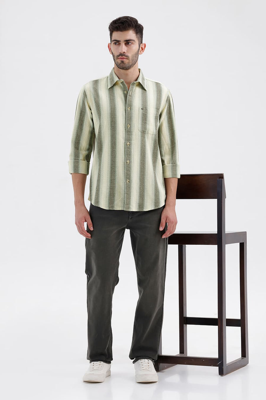 BASICS SLIM FIT ANISE ECRU COTTON HOPSACK STRIPE SHIRT
