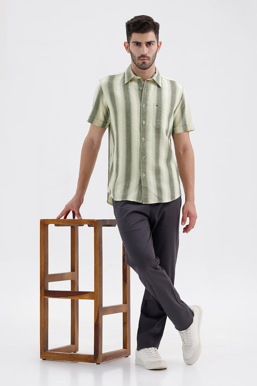 BASICS SLIM FIT ANISE ECRU COTTON HOPSACK STRIPE HALFSLEEVES SHIRT