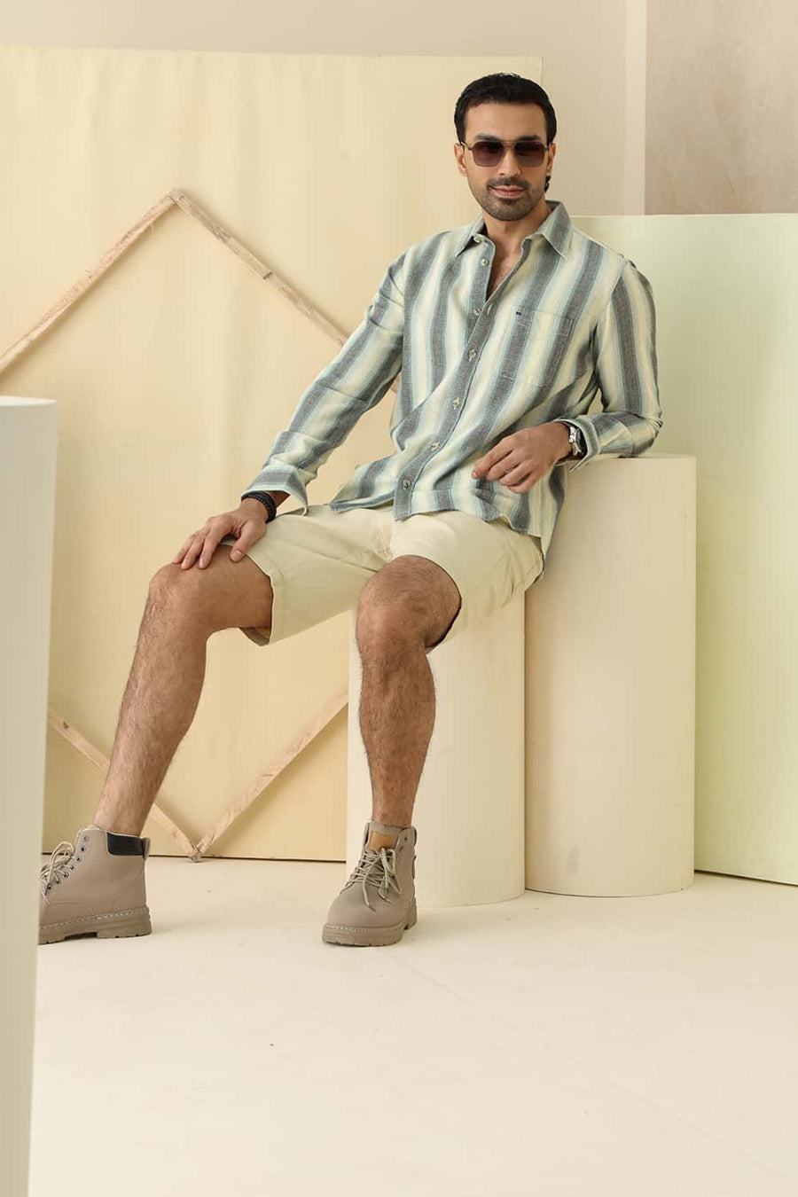 Basics Slim Fit Anise Ecru Cotton Hopsack Stripe Shirt