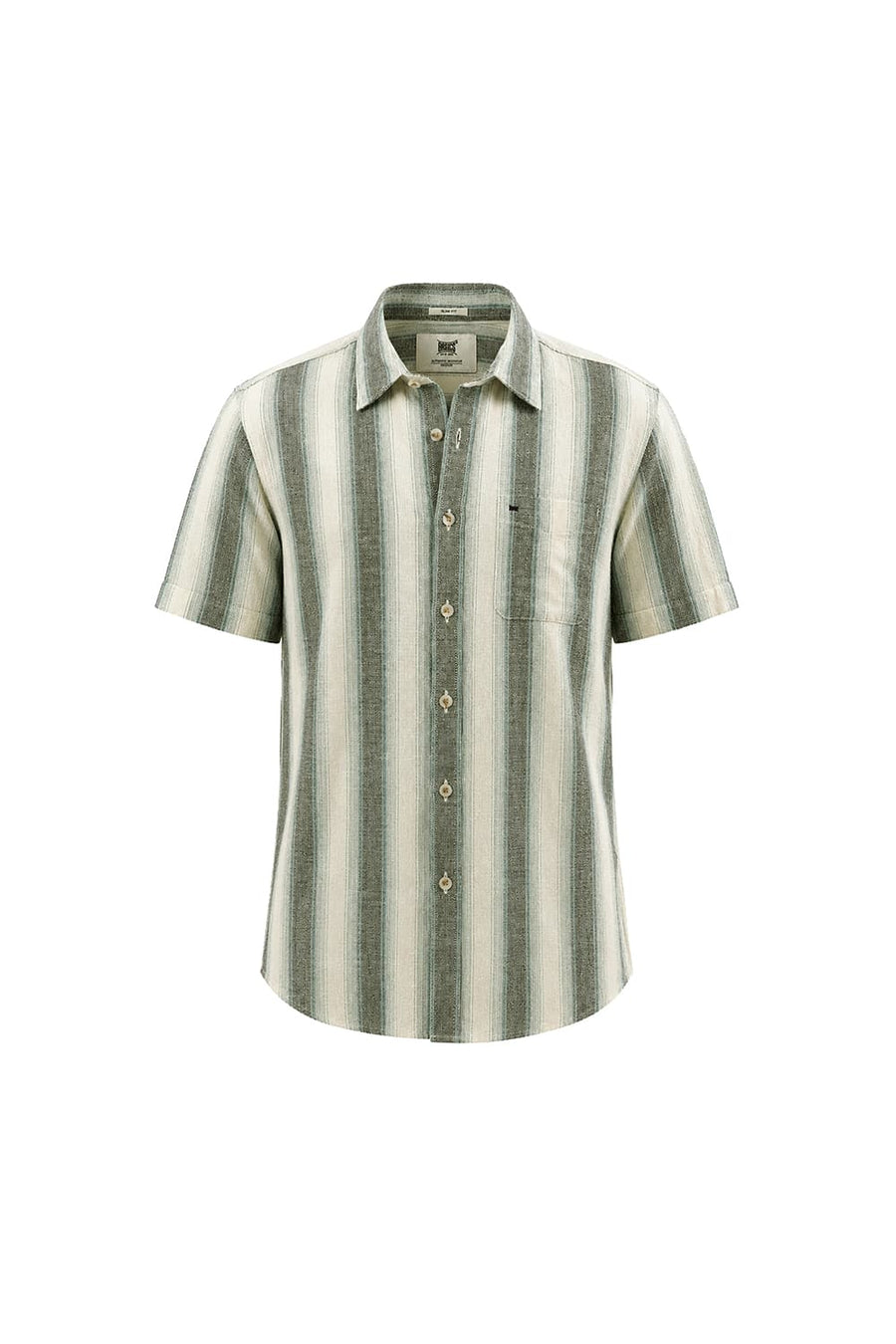 BASICS SLIM FIT ANISE ECRU COTTON HOPSACK STRIPE HALFSLEEVES SHIRT