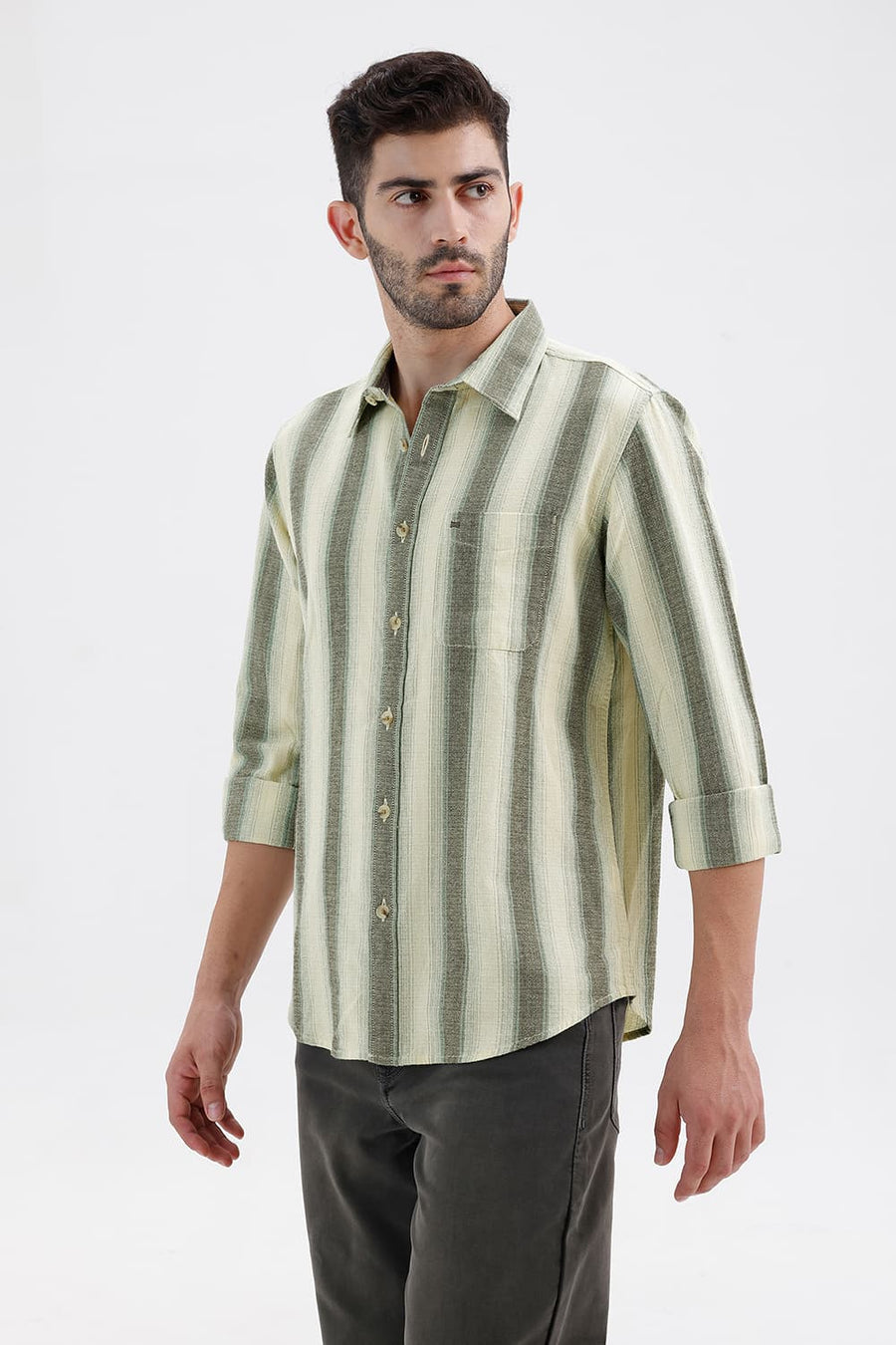 BASICS SLIM FIT ANISE ECRU COTTON HOPSACK STRIPE SHIRT