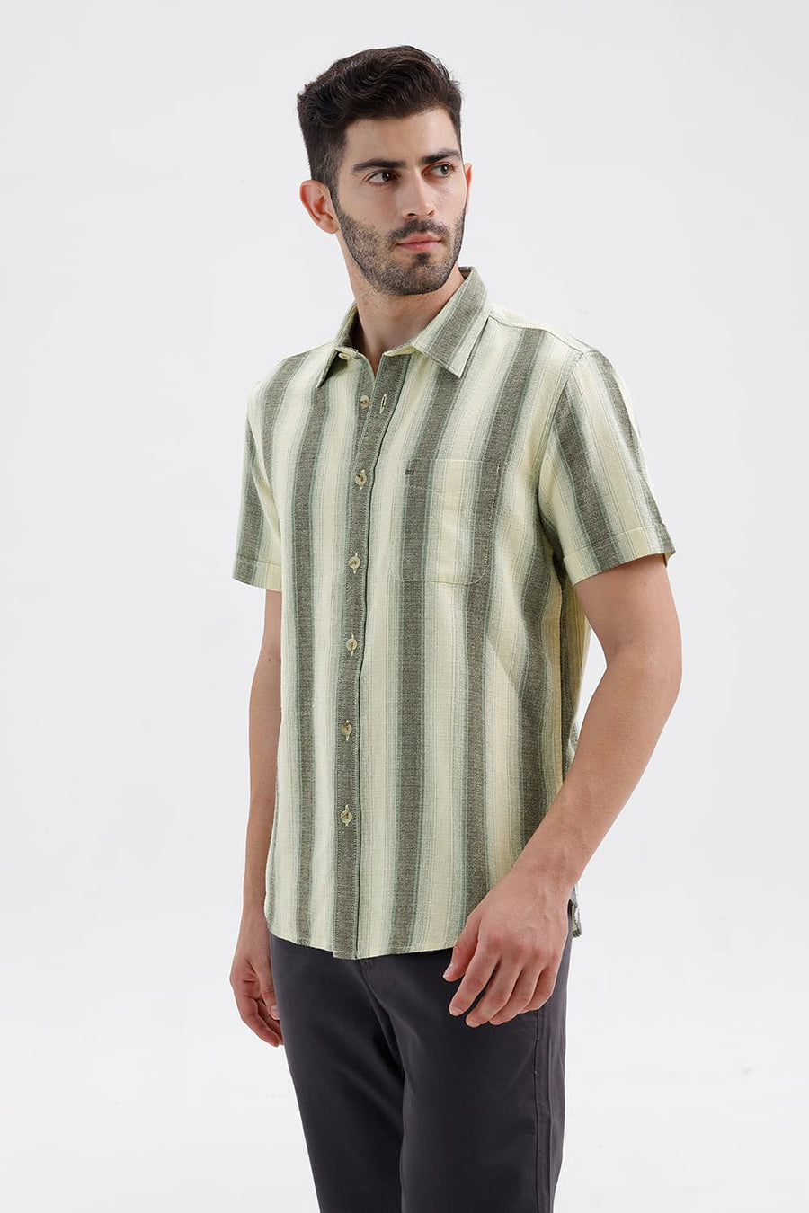 BASICS SLIM FIT ANISE ECRU COTTON HOPSACK STRIPE HALFSLEEVES SHIRT