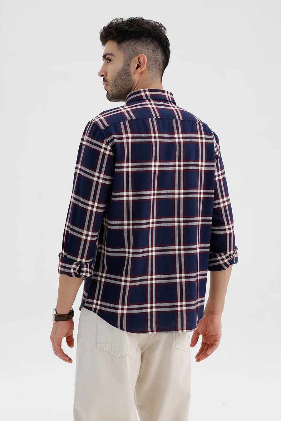 BASICS SLIM FIT INSIGNIA BLUE COTTON HOPSACK CHECKS SHIRT