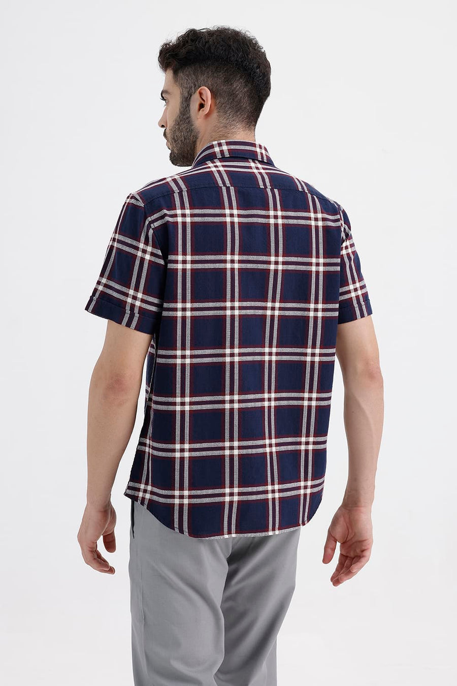 BASICS SLIM FIT INSIGNIA BLUE COTTON HOPSACK CHECKS HALFSLEEVES SHIRT