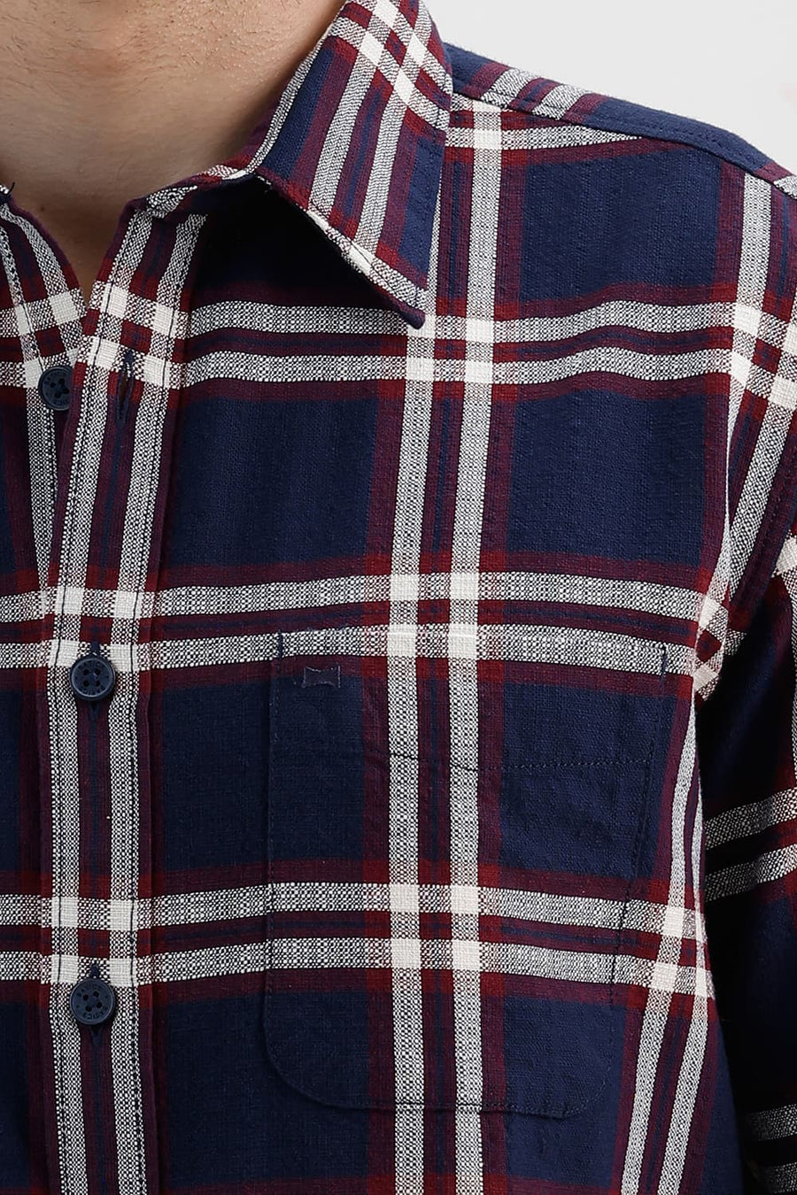 BASICS SLIM FIT INSIGNIA BLUE COTTON HOPSACK CHECKS SHIRT