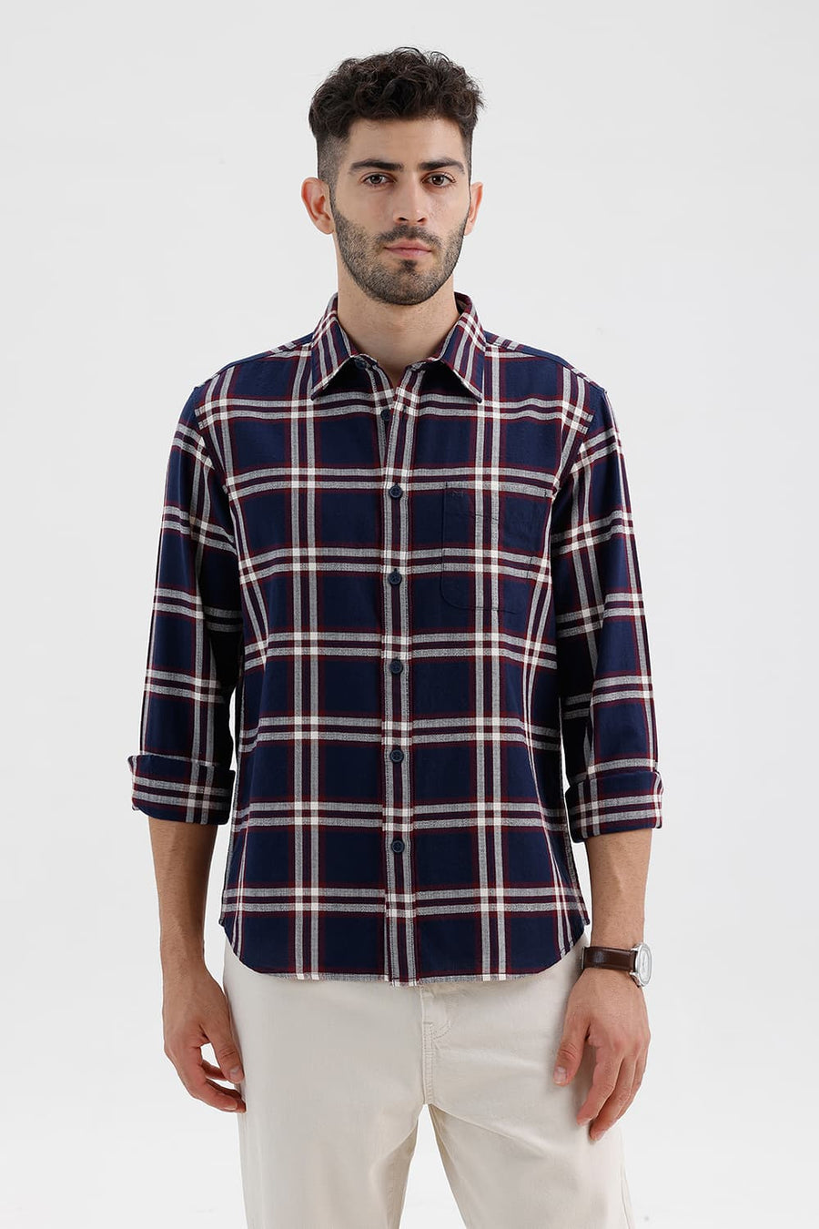 BASICS SLIM FIT INSIGNIA BLUE COTTON HOPSACK CHECKS SHIRT