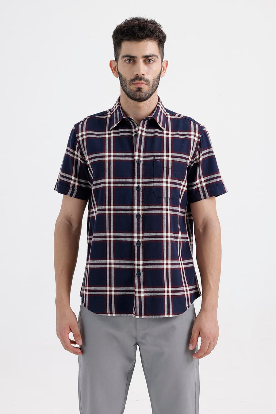 BASICS SLIM FIT INSIGNIA BLUE COTTON HOPSACK CHECKS HALFSLEEVES SHIRT