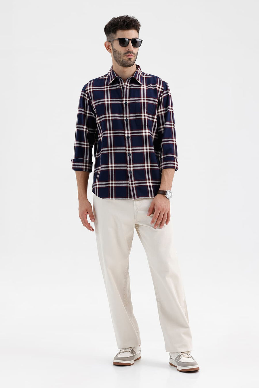 BASICS SLIM FIT INSIGNIA BLUE COTTON HOPSACK CHECKS SHIRT