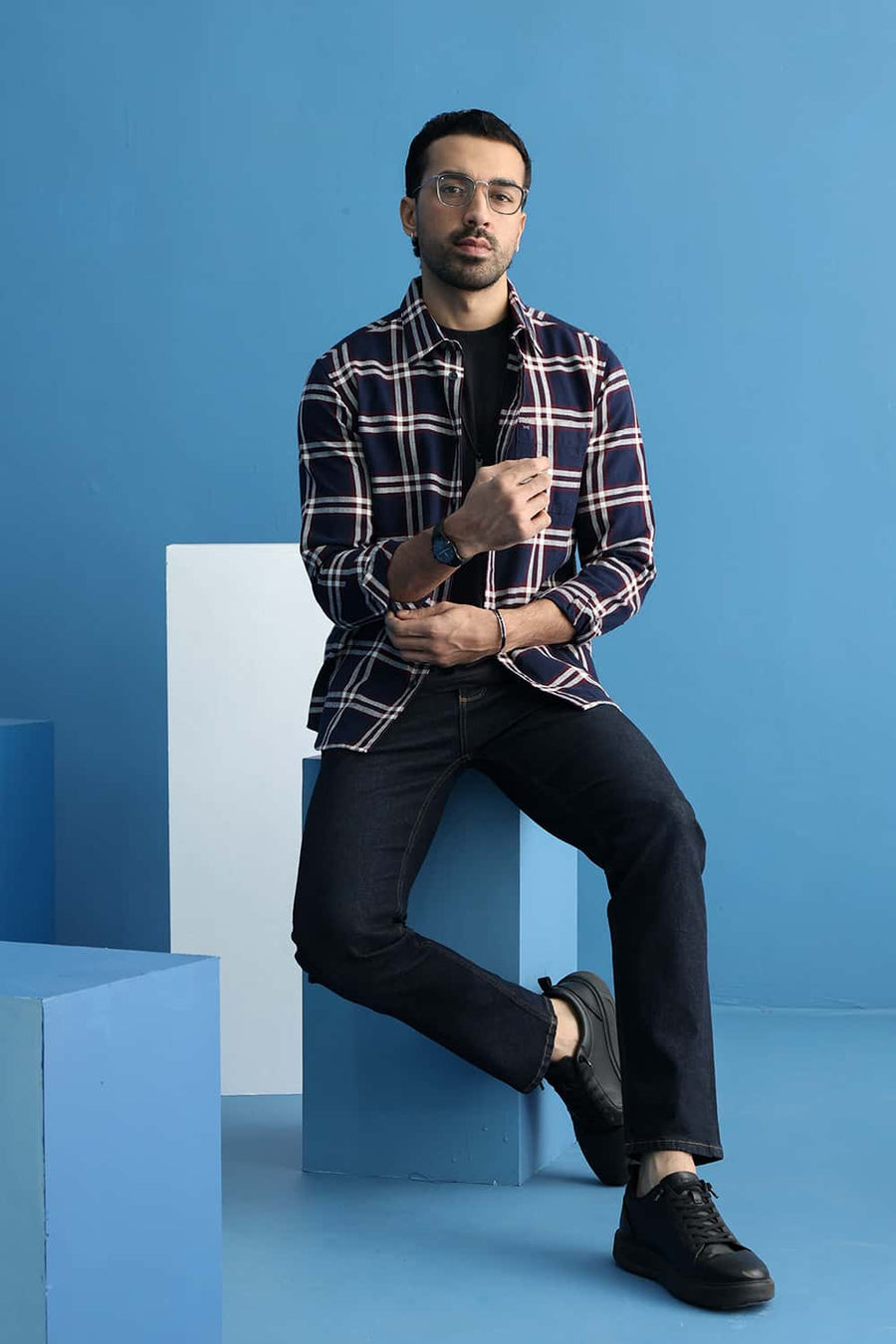 Basics Slim Fit Insignia Blue Cotton Hopsack Checks Shirt