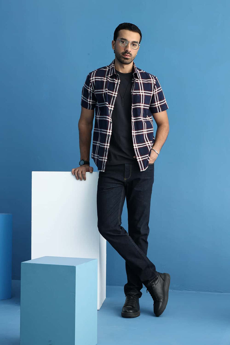 Basics Slim Fit Insignia Blue Cotton Hopsack Checks Halfsleeves Shirt