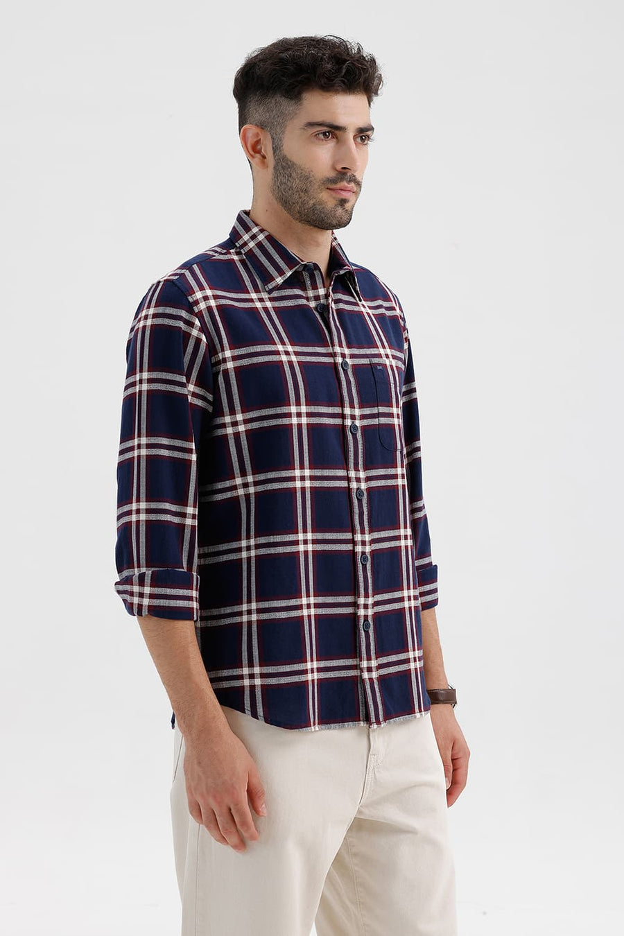 BASICS SLIM FIT INSIGNIA BLUE COTTON HOPSACK CHECKS SHIRT