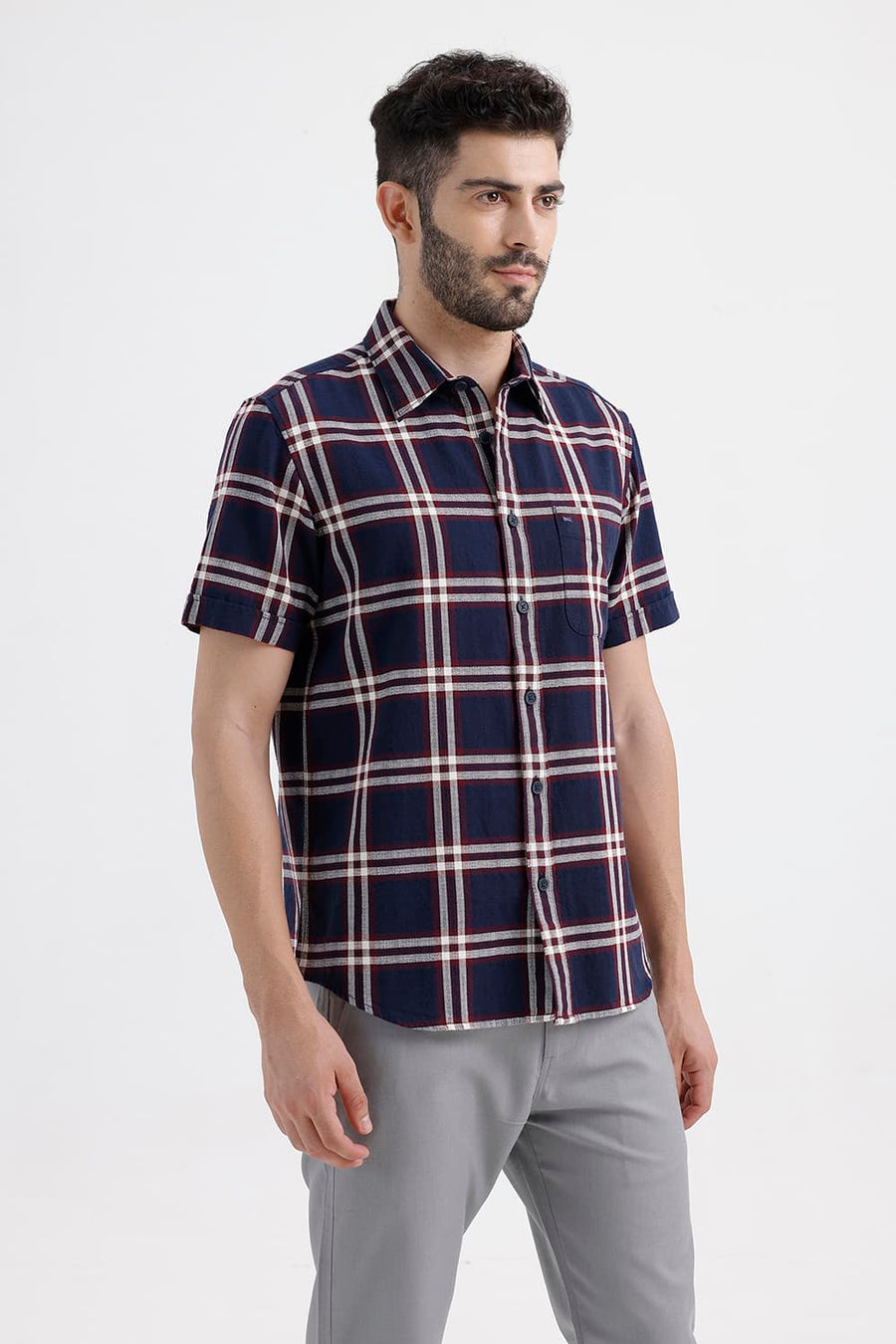BASICS SLIM FIT INSIGNIA BLUE COTTON HOPSACK CHECKS HALFSLEEVES SHIRT