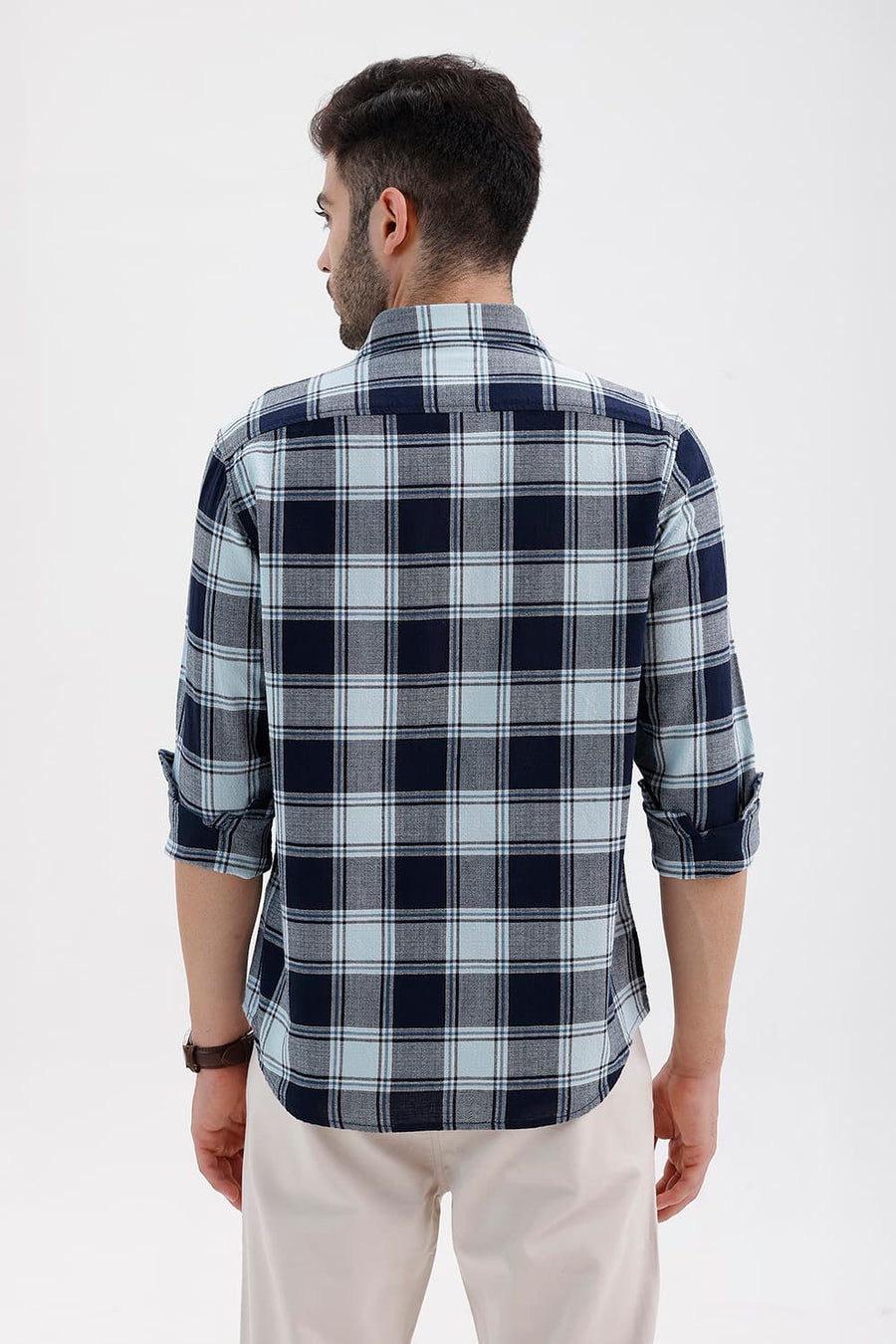 BASICS SLIM FIT SPACE BLUE COTTON HOPSACK CHECKS SHIRT