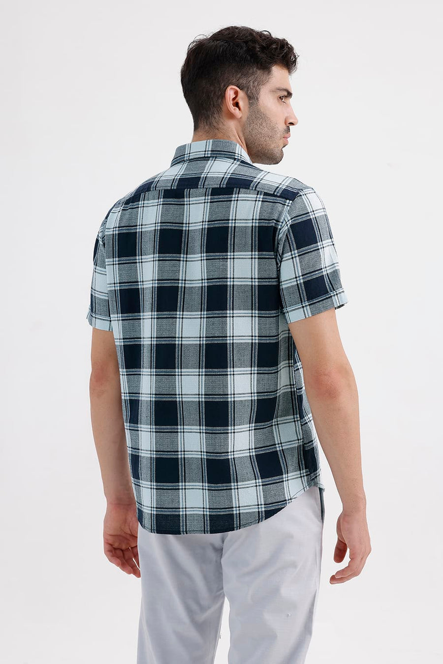BASICS SLIM FIT SPACE BLUE COTTON HOPSACK CHECKS HALFSLEEVES SHIRT