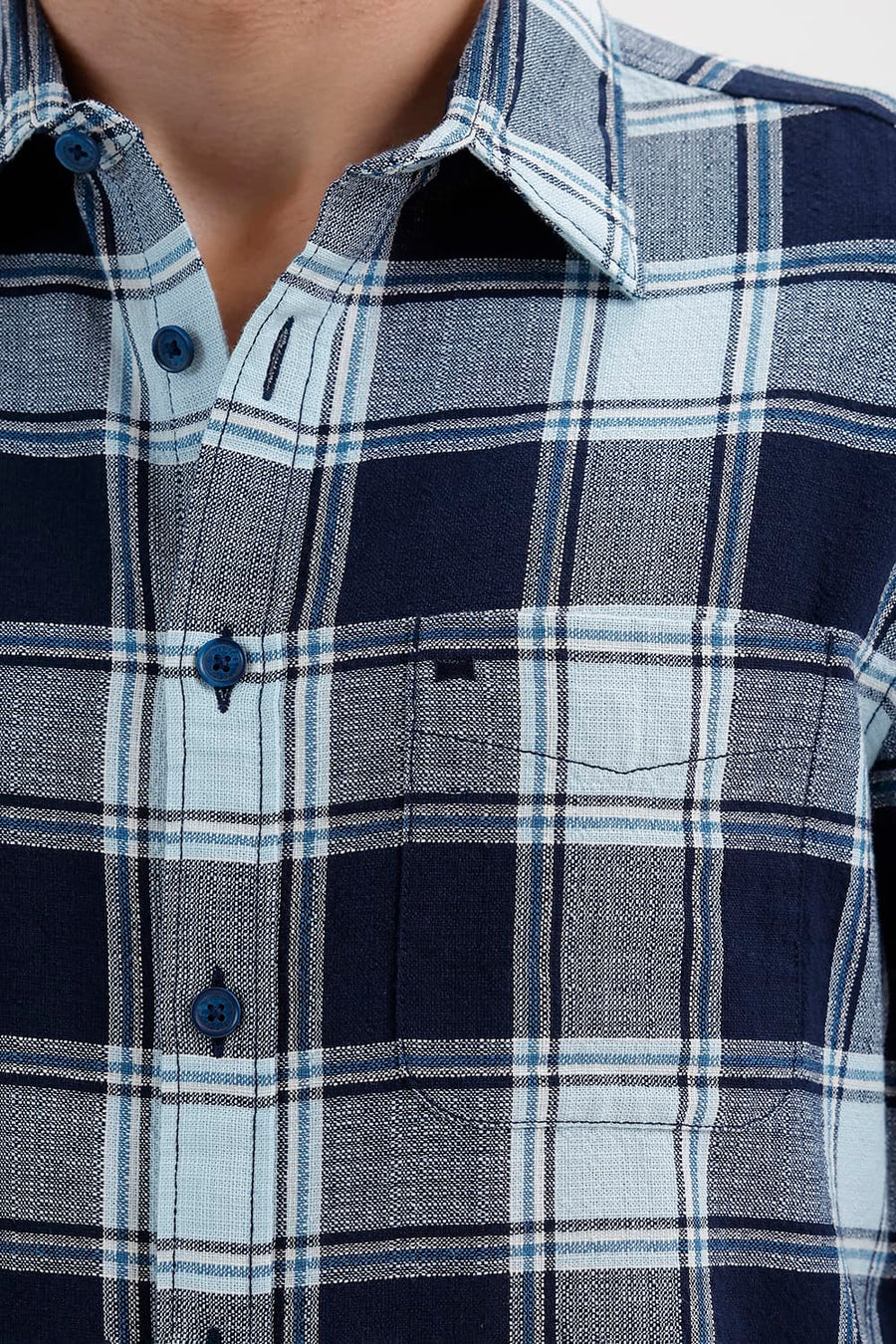 BASICS SLIM FIT SPACE BLUE COTTON HOPSACK CHECKS SHIRT