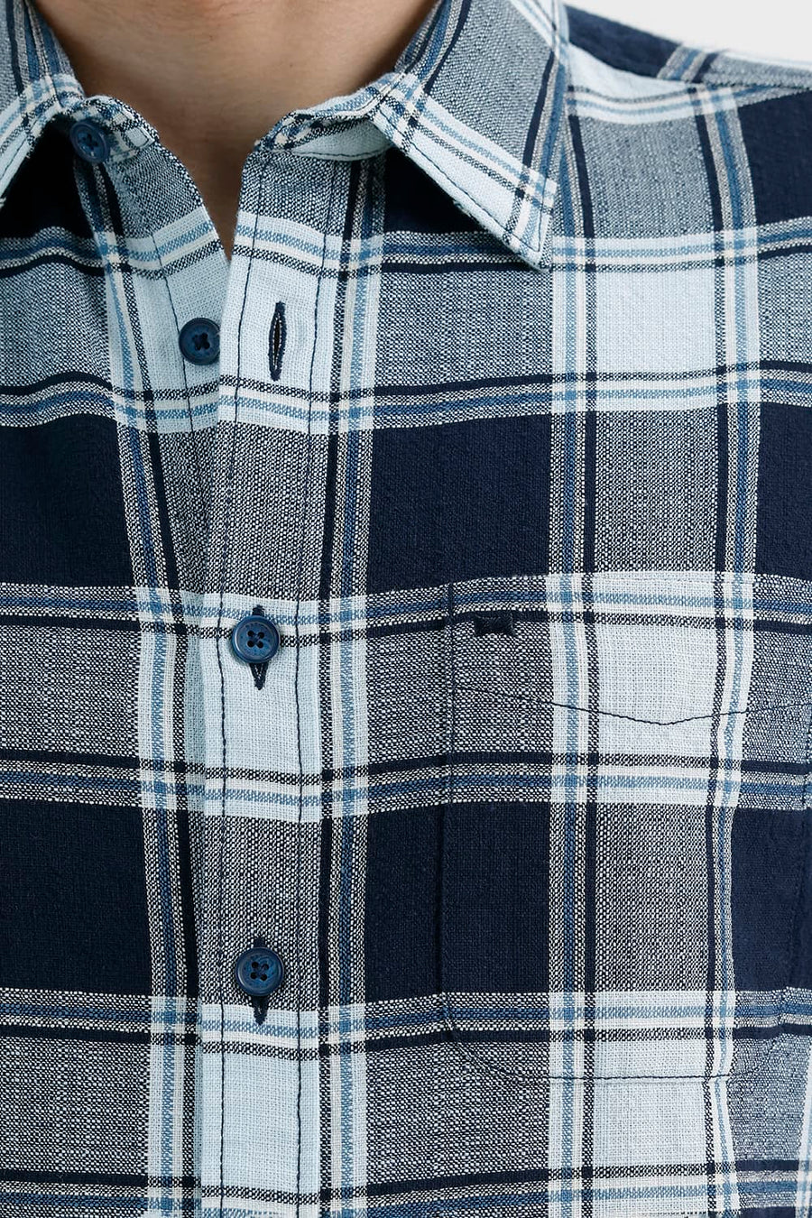 BASICS SLIM FIT SPACE BLUE COTTON HOPSACK CHECKS HALFSLEEVES SHIRT