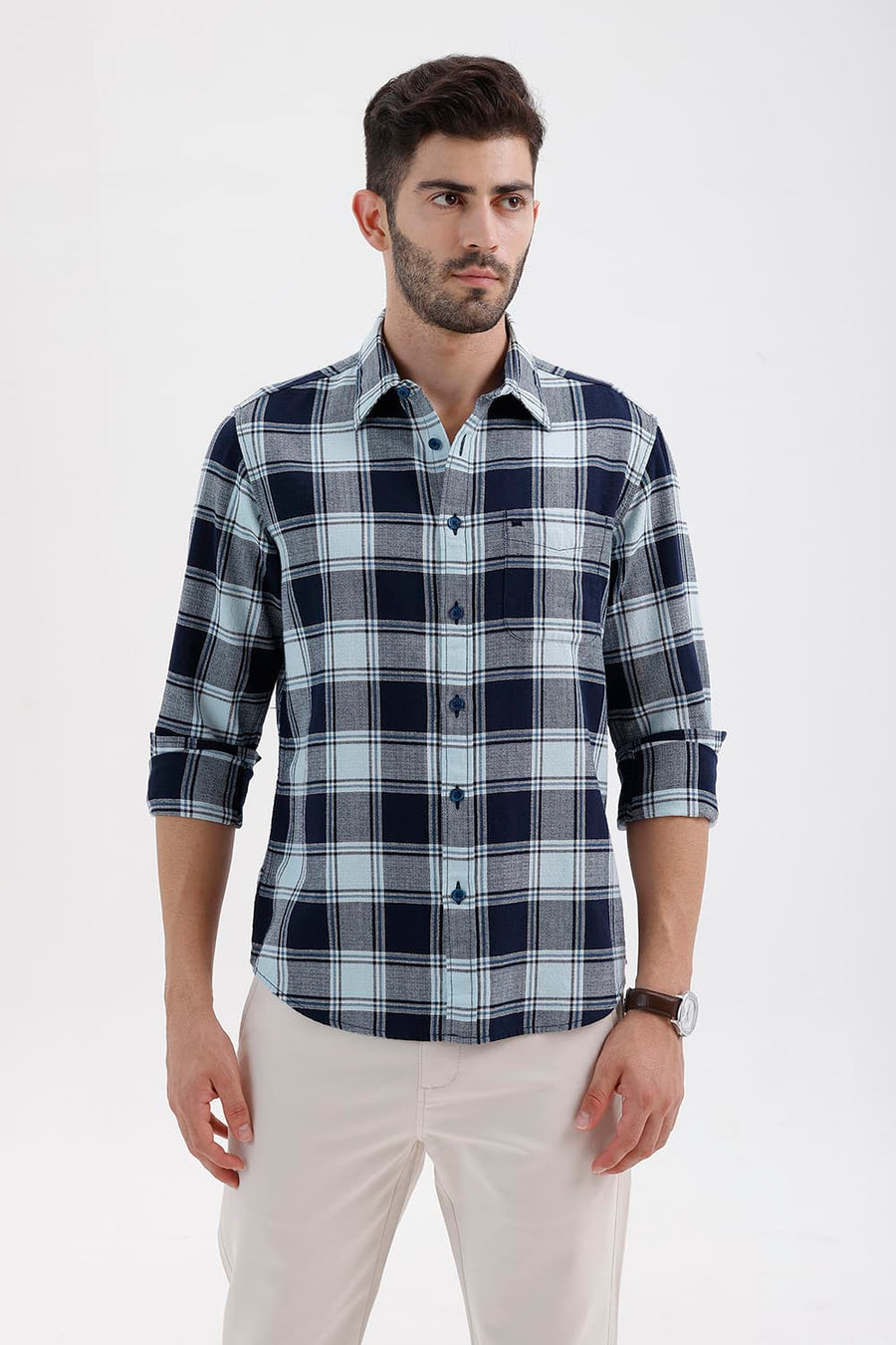 BASICS SLIM FIT SPACE BLUE COTTON HOPSACK CHECKS SHIRT