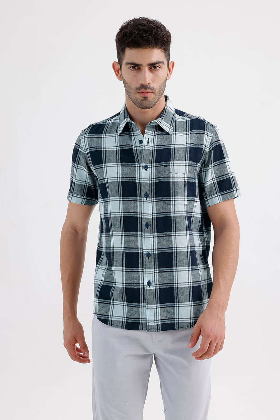 BASICS SLIM FIT SPACE BLUE COTTON HOPSACK CHECKS HALFSLEEVES SHIRT