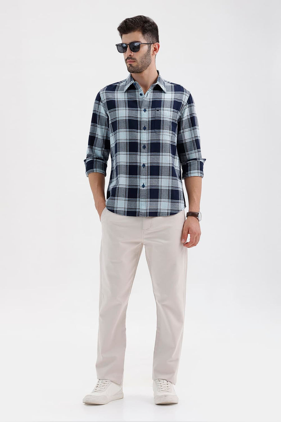 BASICS SLIM FIT SPACE BLUE COTTON HOPSACK CHECKS SHIRT
