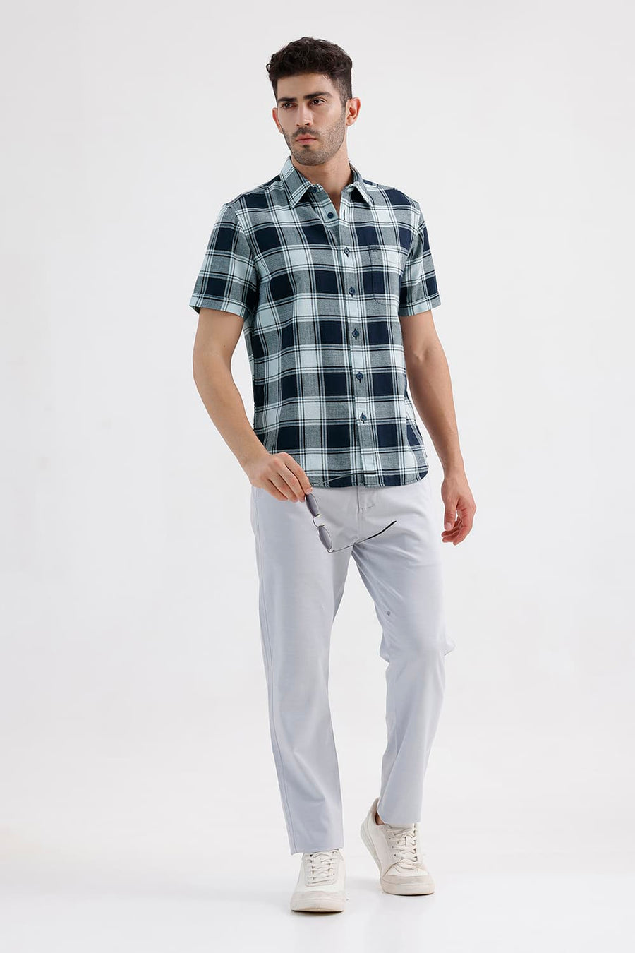 BASICS SLIM FIT SPACE BLUE COTTON HOPSACK CHECKS HALFSLEEVES SHIRT