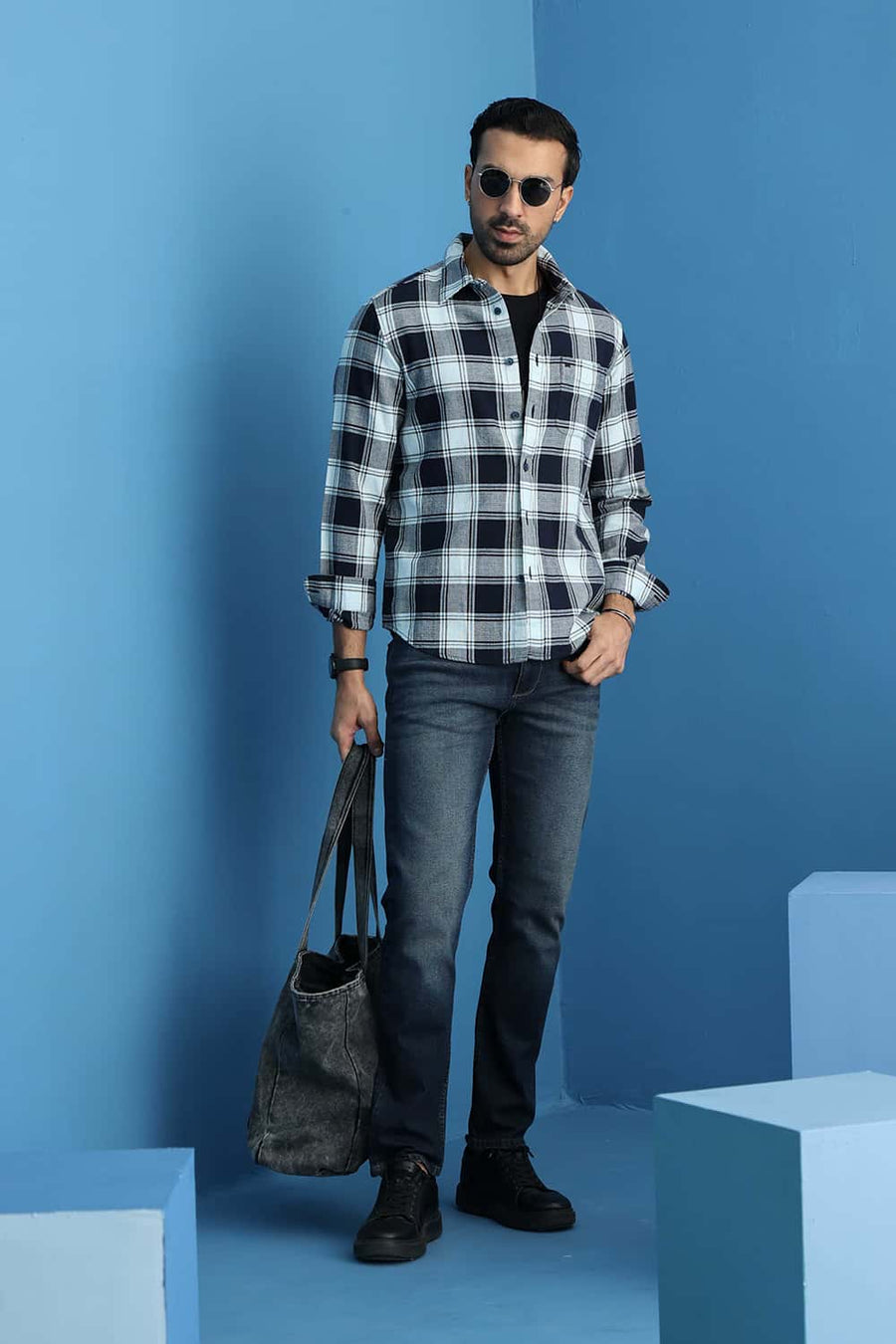 Basics Slim Fit Space Blue Cotton Hopsack Checks Shirt